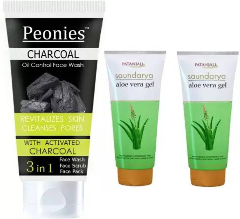 Peonies Charcoal 3 IN 1 Face Wash 100ML & Patanjali Alovera Gel 60ML