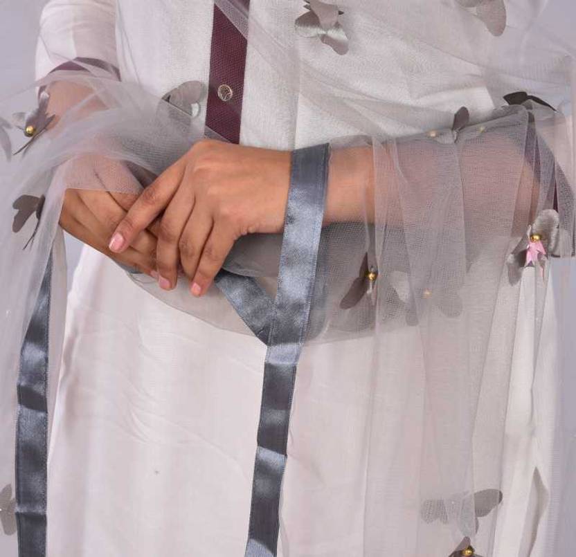 Net Applique Grey Women Dupatta