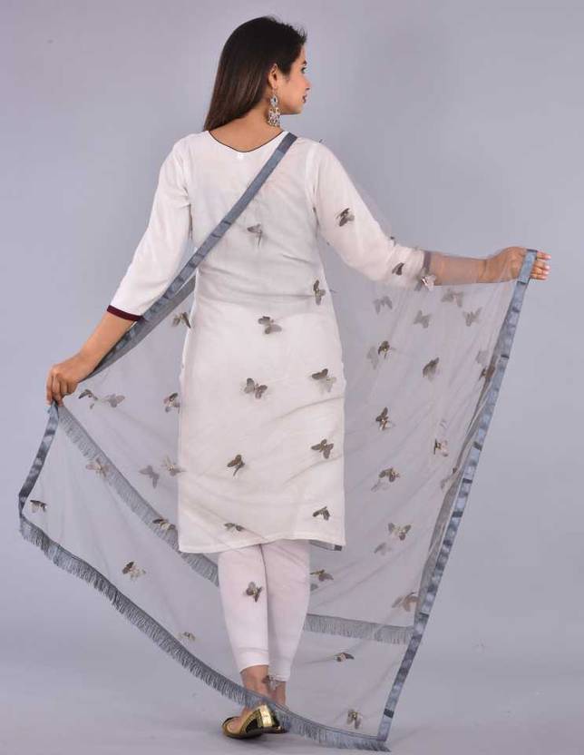 Net Applique Grey Women Dupatta