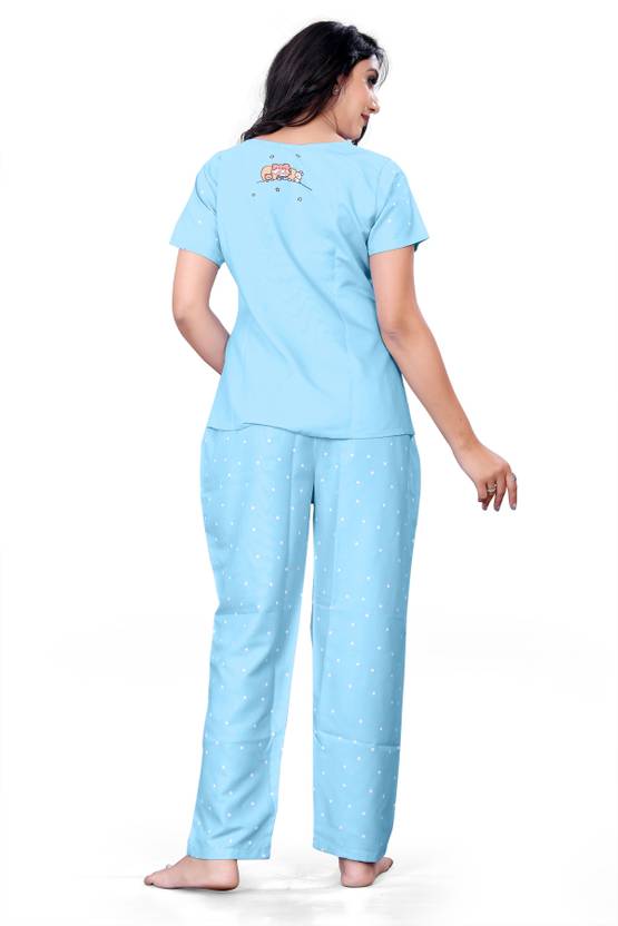 Women Night Suit Set Blue Printed