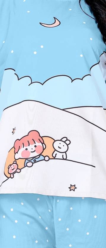 Women Night Suit Set Blue Printed