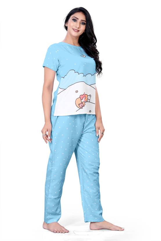 Women Night Suit Set Blue Printed
