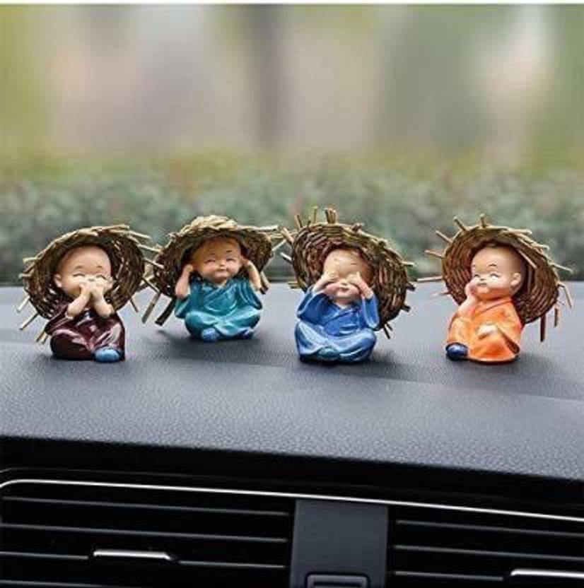 YANTRAM VEDIC PRODUCTS Set of 4 Baby Monk Hat Buddha Figurines - for Car Dashboard | Home Decor| Office DecorVaastu Decor| Fengshui Decorative Showpiece - 5 cm (Polyresin, Multicolor) Decorative Showpiece - 3 cm