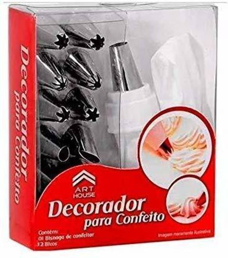 WHITE POPCORN 12 Pieces Cake Decorating Set Frosting Icing Piping Bag Tips Reusable and washable with steel nozzle. Stainless Steel Round Icing Nozzle