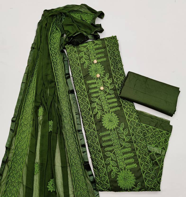 Unstitched Cotton Blend Salwar Suit Material Embroidered