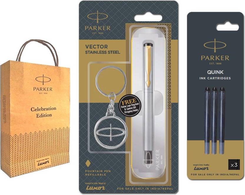 PARKER Vector Stainless Steel GT Fountain Pen With Black Cartridges and