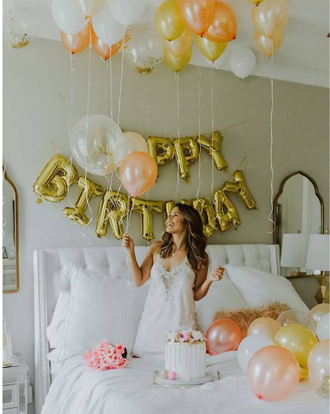 CherishX.com Golden Birthday Decoration Party Supplies Kit – Pack of 46 Pcs – Happy Birthday Foil, Confetti & Metallic Balloons - for Husband, Wife, Boy, Girl
