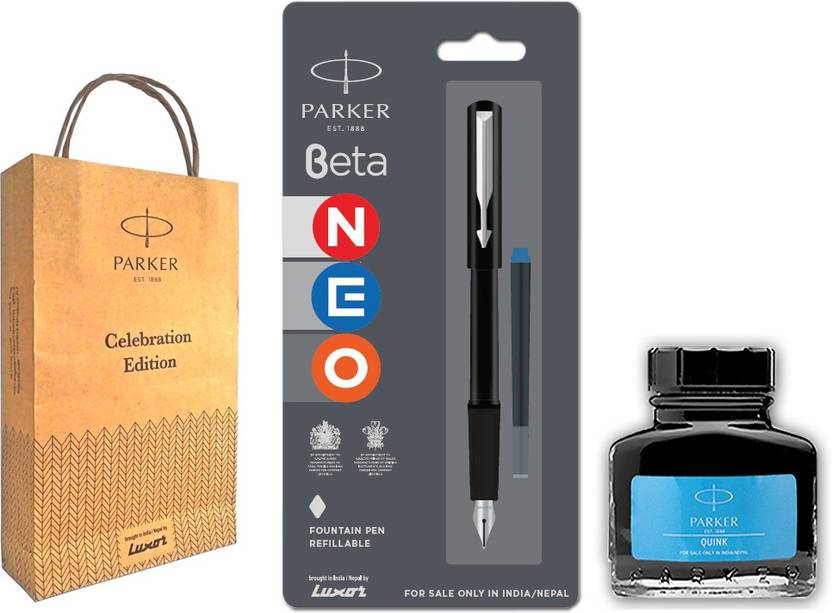 PARKER Beta Neo Fountain Pen with Blue 30 ML Ink Bottledand Gift Bag