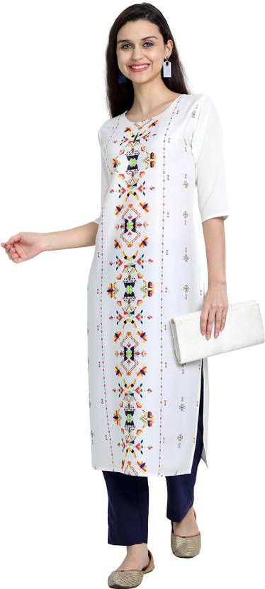EthnicBasket Women Printed Crepe Straight Kurta  (White)