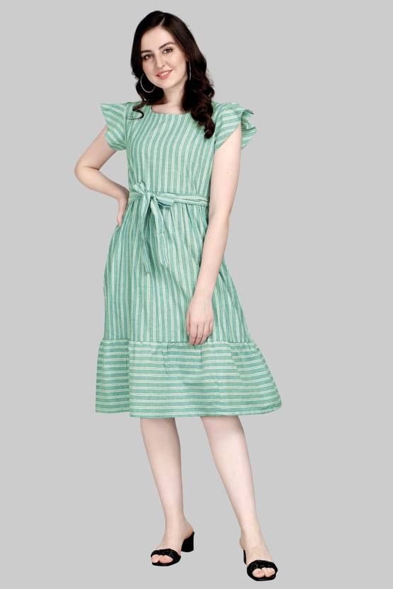 Kinjo Women Fit and Flare Light Green Knee Length Dress