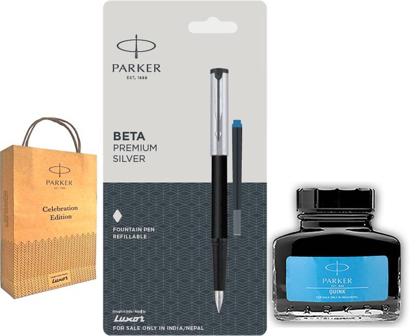 PARKER Beta Premium Silver Fountain Pen with Blue Quink Ink Bottle and
