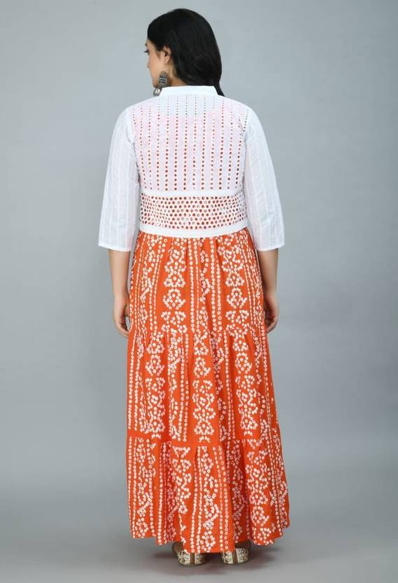 Printed Rayon Blend Stitched Flared/A-line Gown  (Orange)