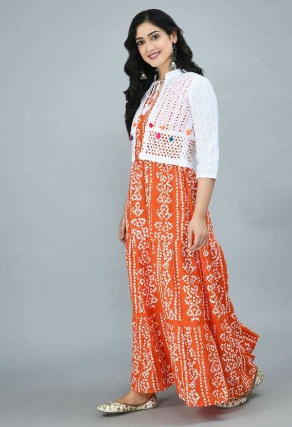 Printed Rayon Blend Stitched Flared/A-line Gown  (Orange)