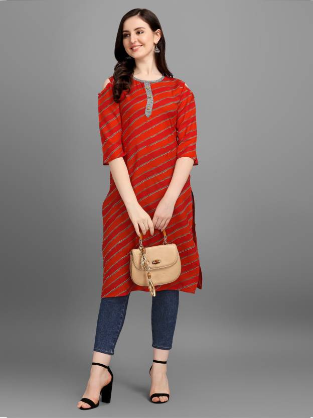 Youthnic Women Leheriya Cotton Blend Straight Kurta  (Red, Orange)