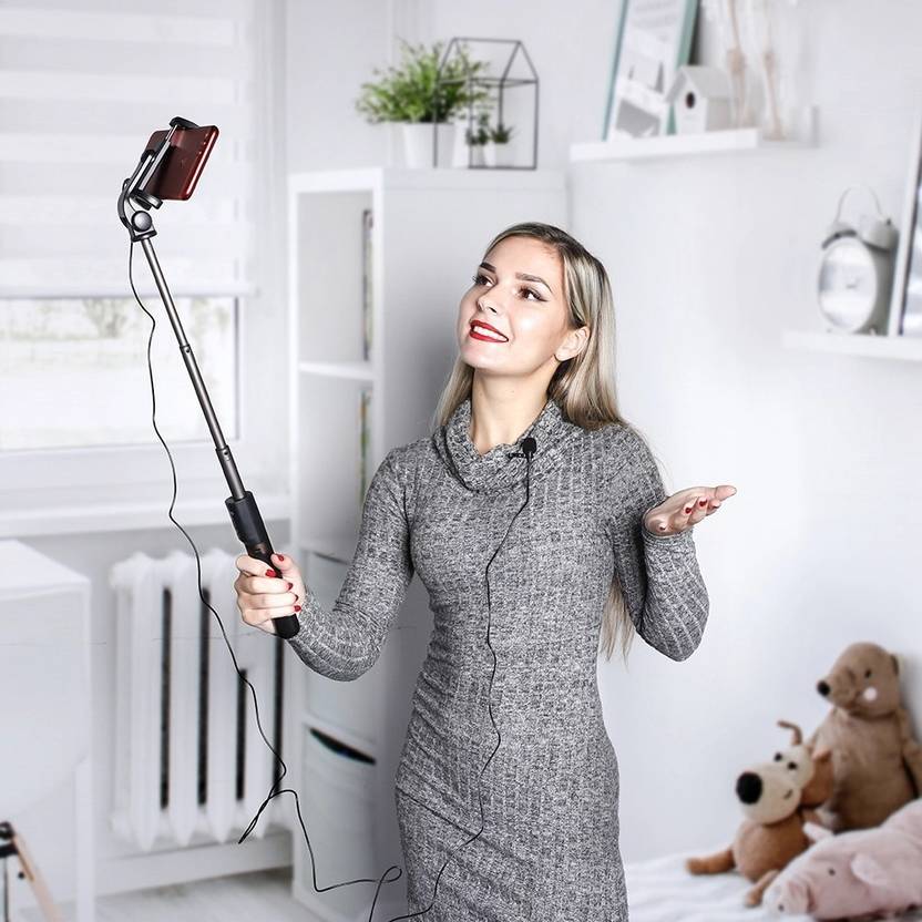 POZUB Selfie Stick Bluetooth Extendable with Wireless Remote and Tripod Stand With + Lapel 3.5mm Collar Microphone wired mic plug & play condenser Lavalier microphone For Voice Recording Microphone PZB-XT012 Travel Tripod Stand Flexible Handheld Selfie Stick Holder Action Camera Stand With Mobile Clip Holder & BT Remote Best Use for Make Videos Compatible with Mobiles Video Stand in Gimbal Stabilizer, |in mobile holder for hand| stand for online classes Single Gimbal for Mobile