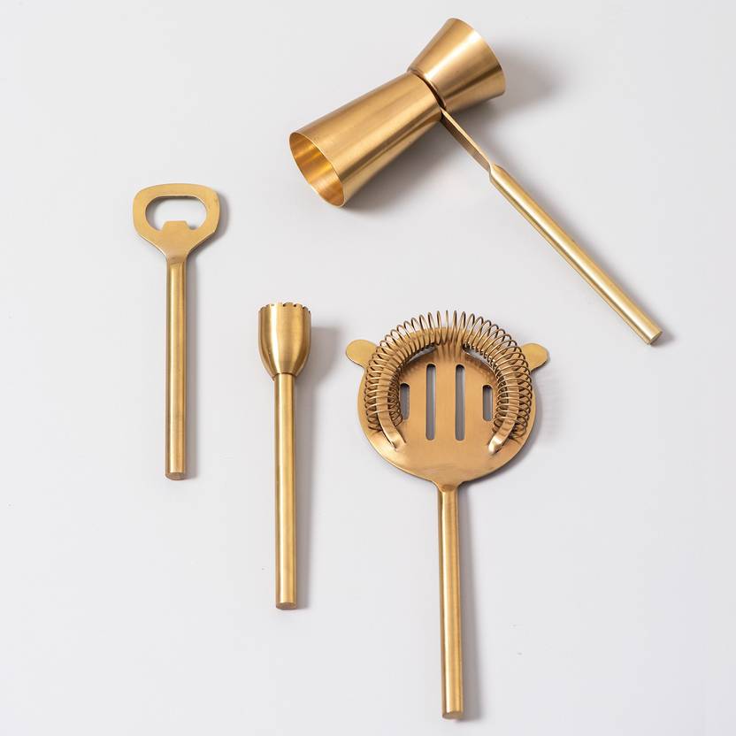 nestroots Bar Tools Accessories for Cocktails/Mocktails Stainless Steel Accessories Set of 4 | Perfect for Home Bar Gift Box Packaging (Gold) 4 - Piece Bar Set