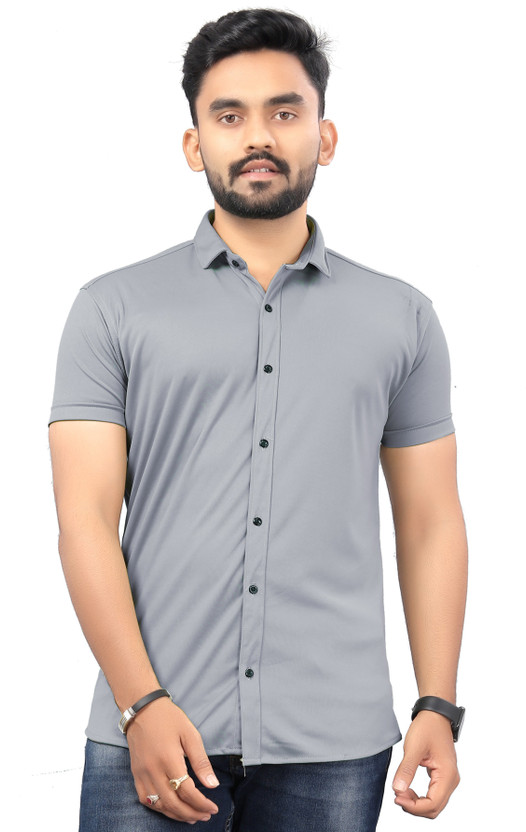 DUARTTE Men Solid Casual Silver Shirt 