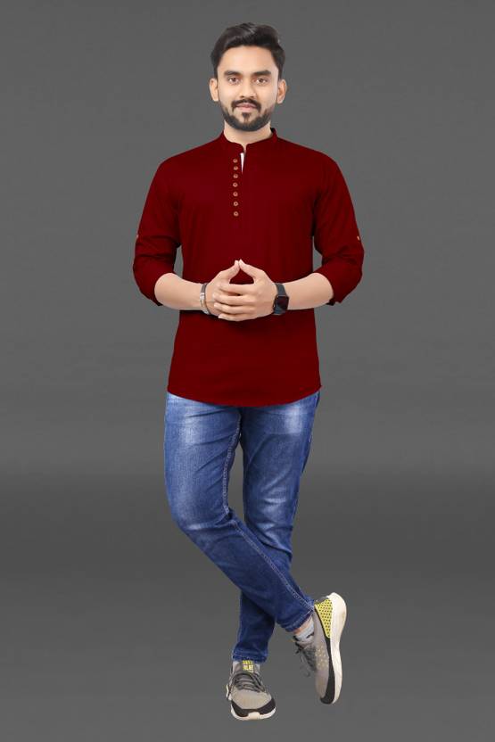 Men Solid Pure Cotton Straight Kurta  (Maroon)