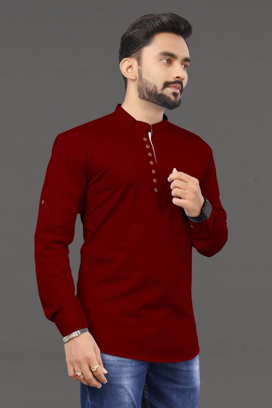 Men Solid Pure Cotton Straight Kurta  (Maroon)