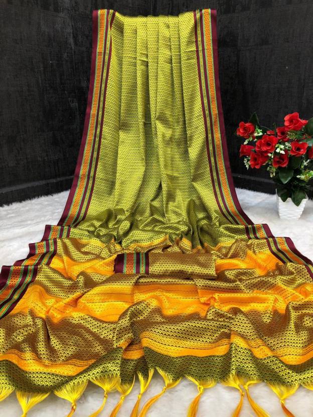 Darshan Woven, Embroidered, Checkered Banarasi Cotton Silk, Cotton Blend Saree  (Yellow)