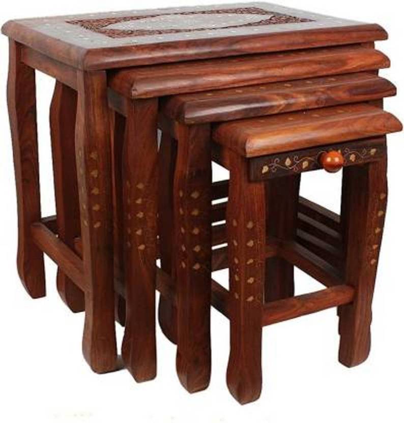 Decorhand Sheesham Wood Nesting Tables with Brass Work Solid Wood Side