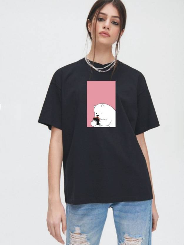 Women Printed Round Neck Pure Cotton Oversize Black T-Shirt