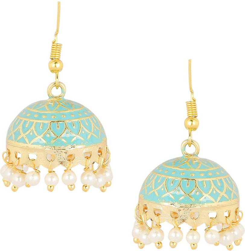 Oomph Mint Green Meenakari Enamel Floral Delicate Beads Metal Jhumki Earring