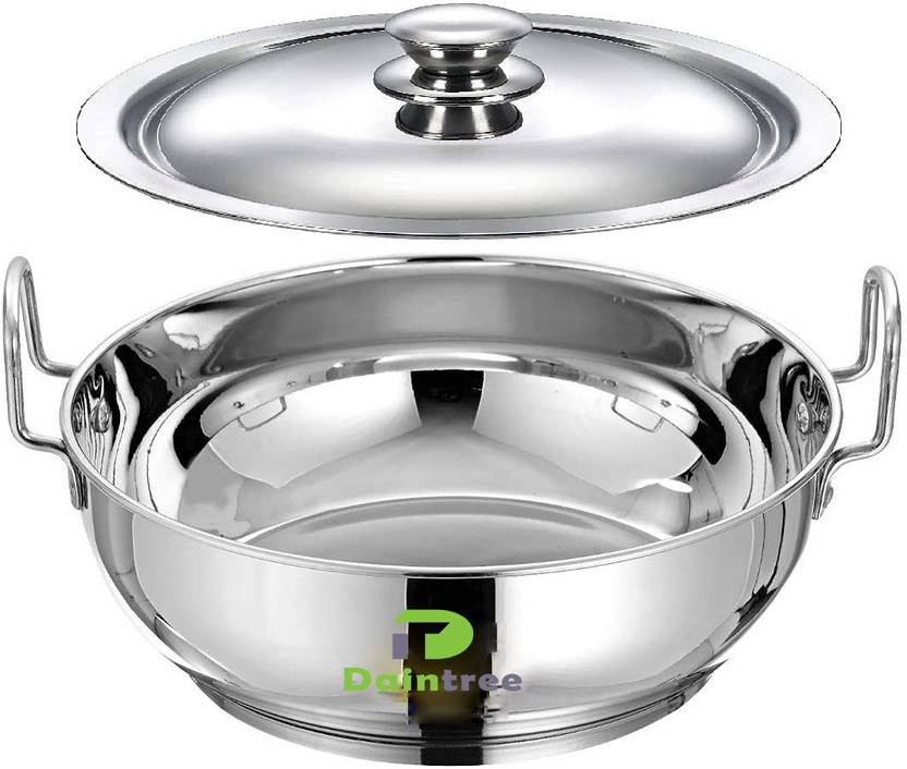 Daintree Stainless Steel Heavy Base Flat Bottom Kadai with Lid for