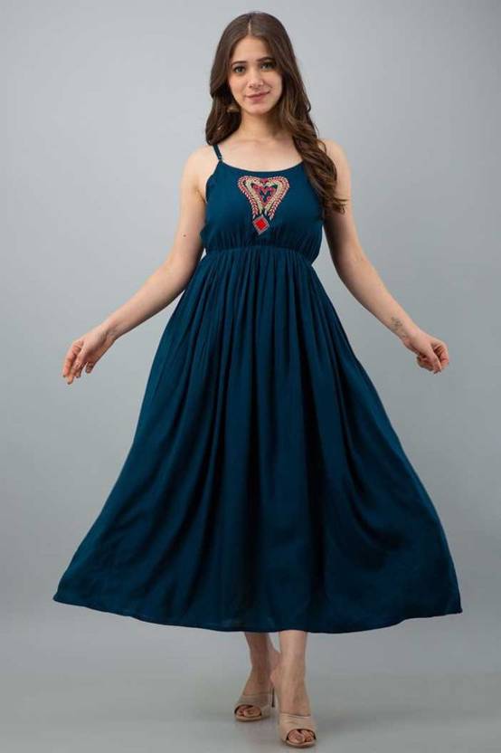 Women Fit and Flare Blue, Red, Beige Ankle Length Dress