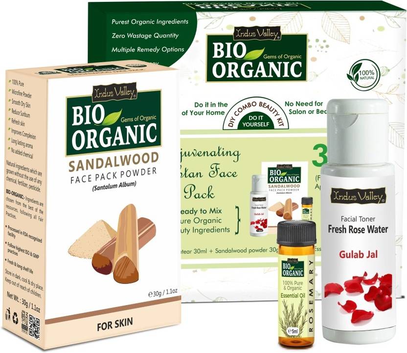 Indus Valley Bio Organic Rejuvenating Ubtan Face Pack, comprises of Sandalwood Face Pack, Rose water toner and Rosemary essential oil - Special Gift Pack Facial Kit