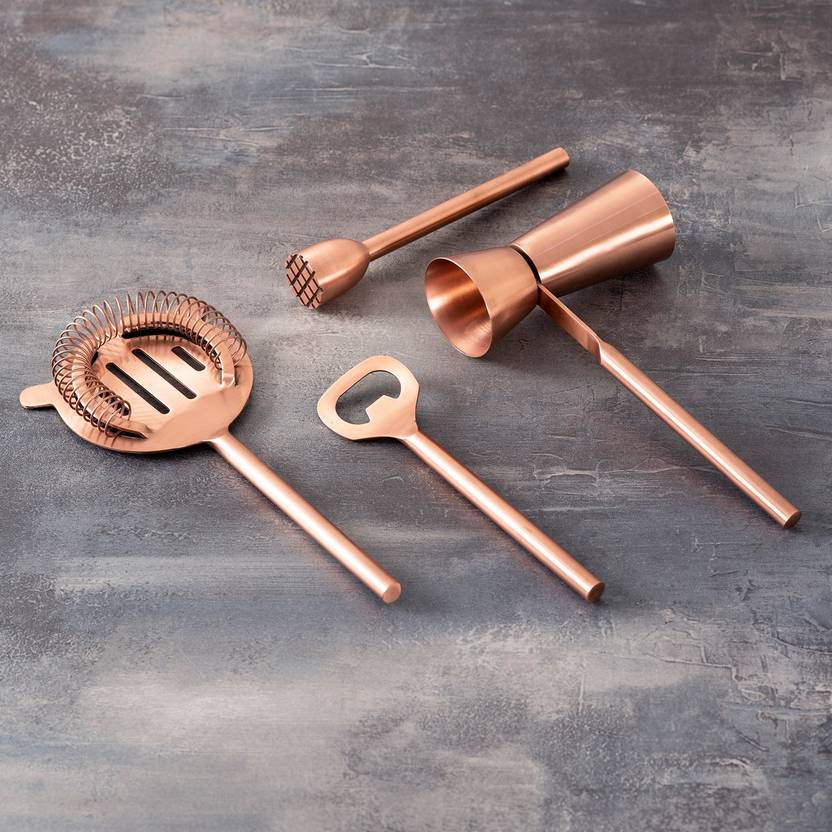 nestroots Bar Tools Accessories for Cocktails/Mocktails Stainless Steel Accessories Set of 4 | Perfect for Home Bar Gift Box Packaging (Copper) 4 - Piece Bar Set