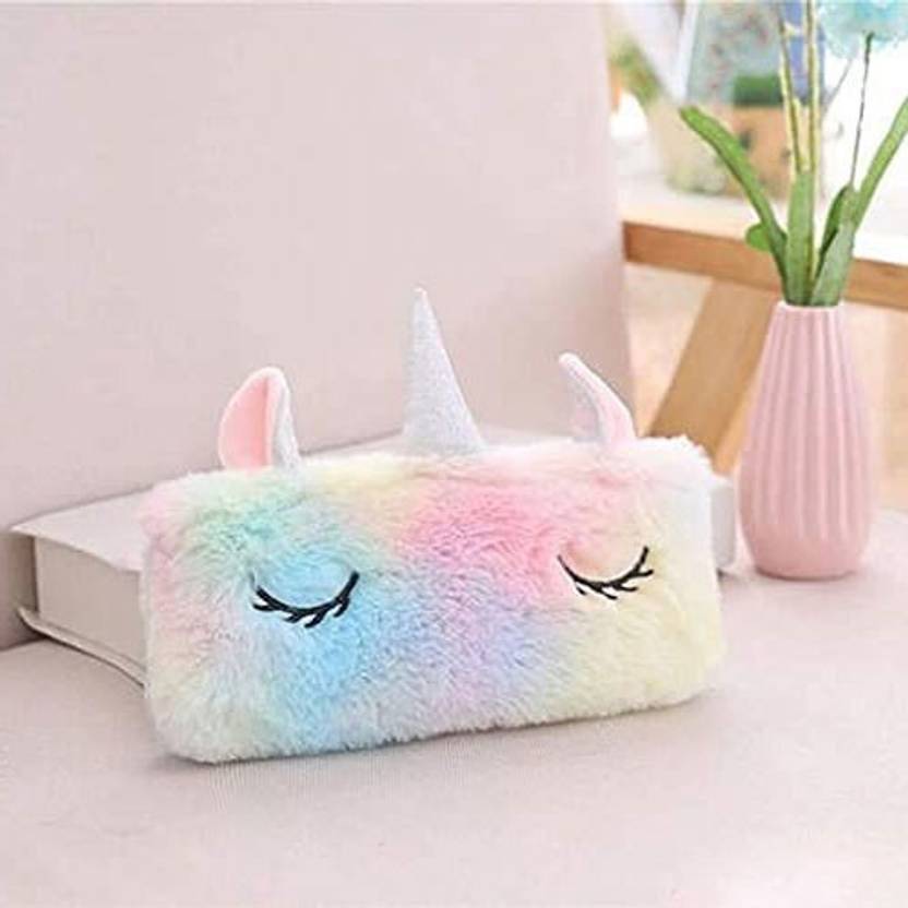 Ambivert Unicorn Feather Plush Pencil Case Unicorn Feather Pencil Bag Faux Fur Pencil Pouch Handbag Unicorn Coin Purse Cute for Girls Kids Children Art Canvas Pencil Box