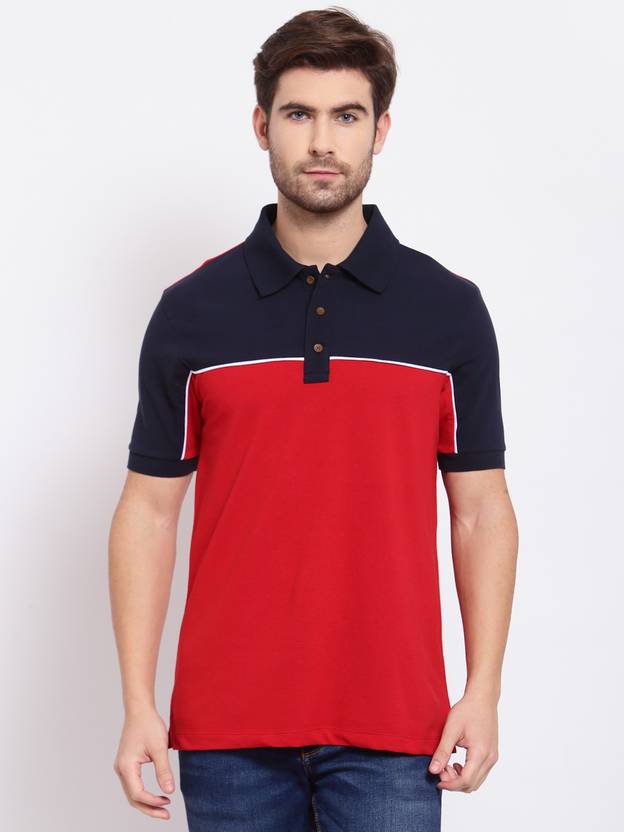 KALT Men Colorblock Polo Neck Cotton Blend Dark Blue T-Shirt