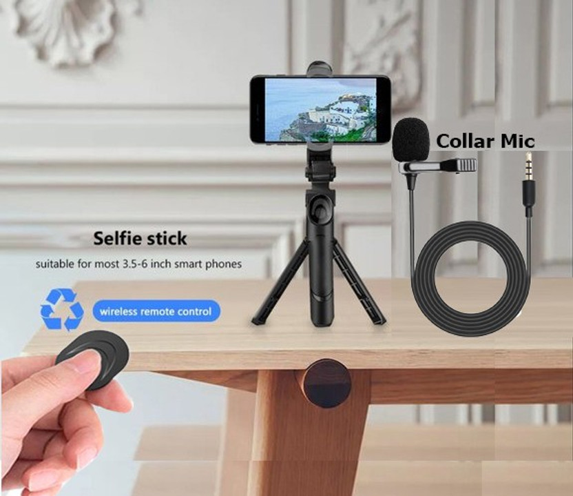 BUFONA New Arrival High Quality Wireless Integrated Folding Telescopic Tripod Mobile Phone Selfie Stick with Selfie Shutter BT Remote + Lapel 3.5mm Collar Microphone