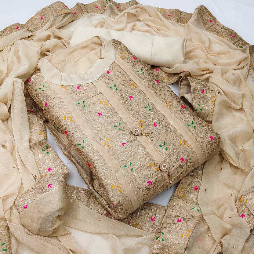 Unstitched Chanderi Cotton Salwar Suit Material Embroidered