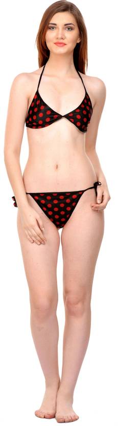 Boosah Bra & Panty Set Polka Print Maroon, Black Lingerie Set