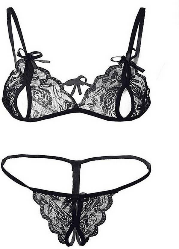 BROIDEN Bra & Panty Set Self Design Black Lingerie Set