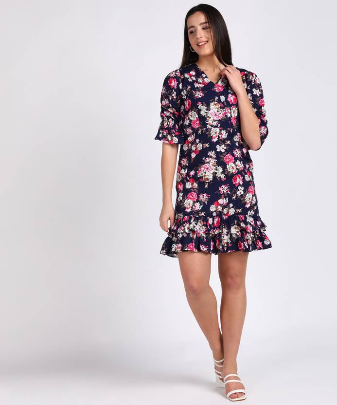 VAHSON Women Wrap Dark Blue Above Knee/Mid Thigh Length Dress