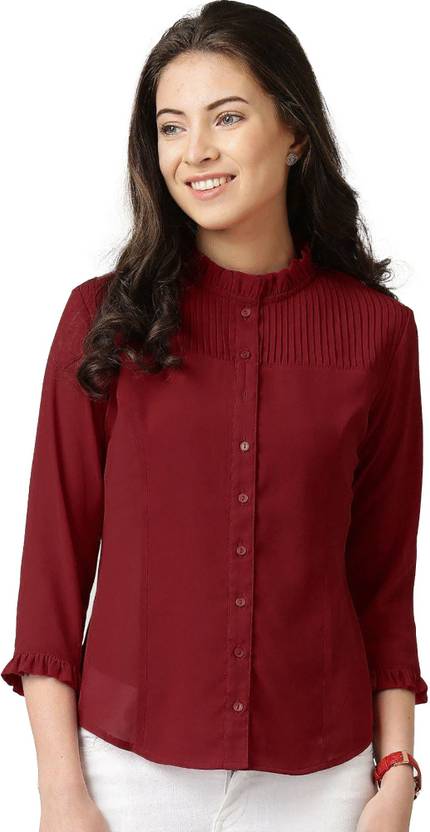 ORIEX THE ORIGINAL FASHION Casual Ruffled Sleeves Solid, Self Design Women Maroon Top