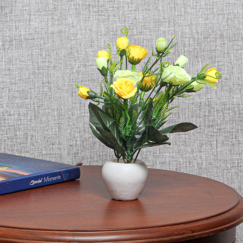 Flipkart Perfect Homes Yellow, White Rose Artificial Flower with Pot