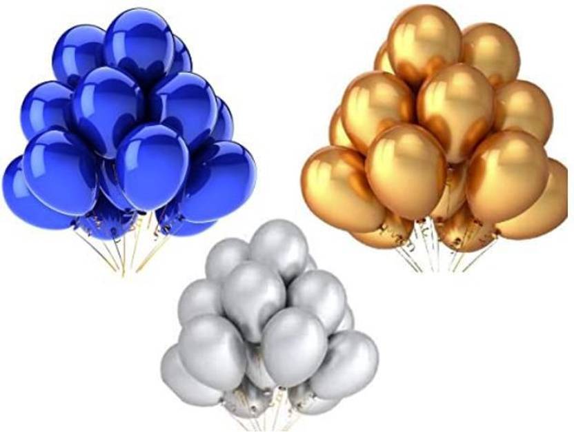 Blisskart Solid , Gold + Silver + Blue Metallic Balloons for Birthday Decoration / Anniversary Party Decoration , Balloon