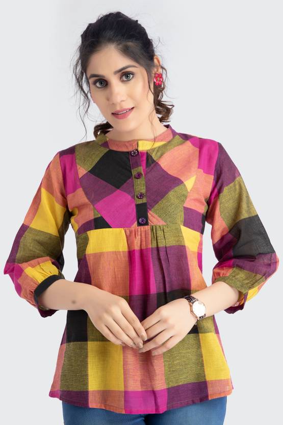 [Sizes ] AMRUT VARSHA CREATION Casual Regular Sleeves Checkered Women Multicolor Top
