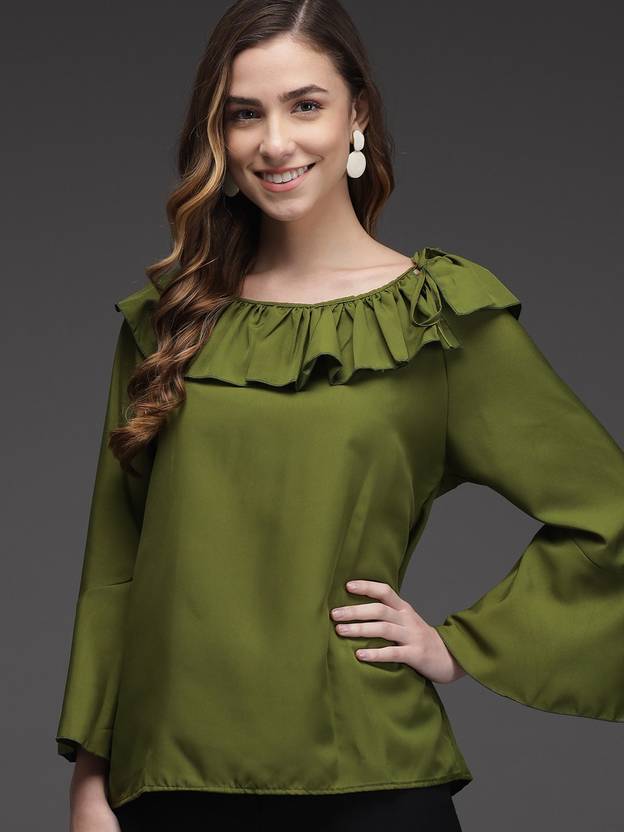 TANDUL Casual Bell Sleeves Solid Women Green Top