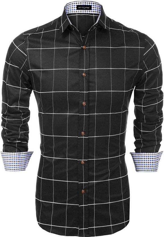 DEELMO Men Checkered Casual Black Shirt