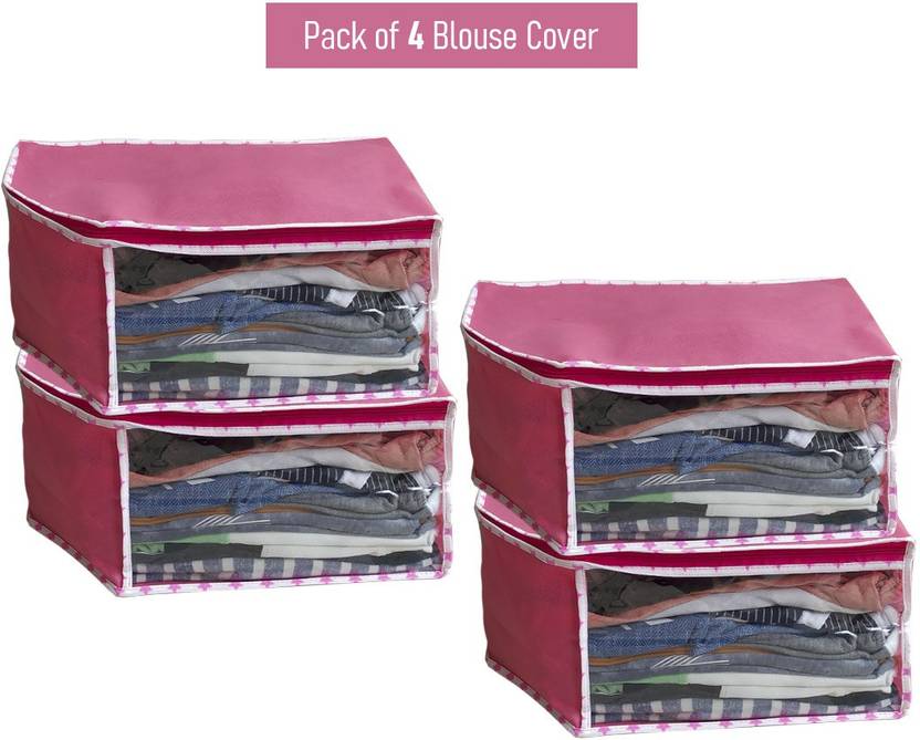wini krafts 4 Blouse Covers Organizer Non Woven Blouse Storage Bag WithTransparent Window Pink Pack Of 4
