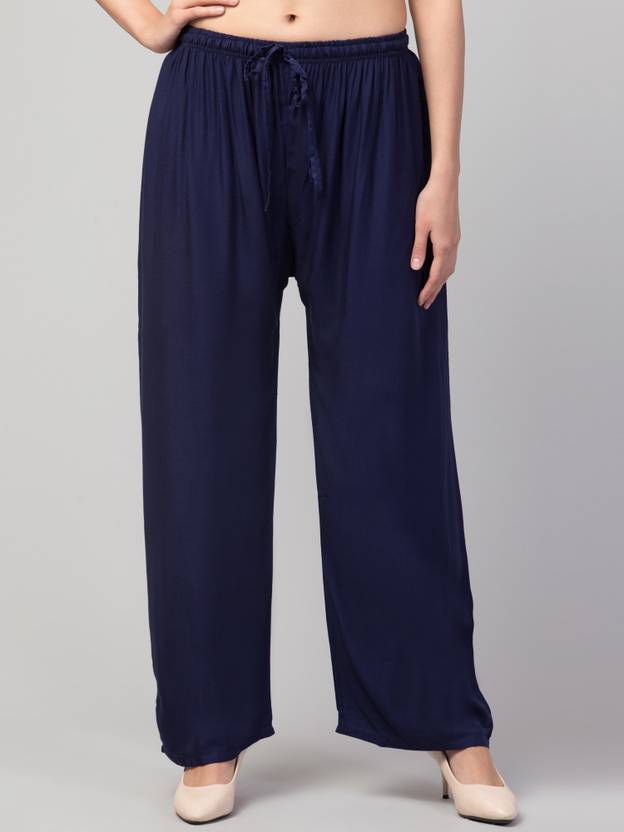 FamBee Women Relaxed Dark Blue Viscose Rayon Trousers