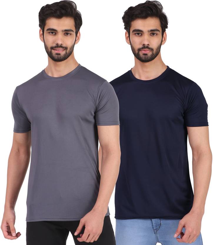 [Sizes S, M, L, XL] London Hills Pack of 2 Men Solid Round Neck Polyester Dark Blue, Grey T-Shirt