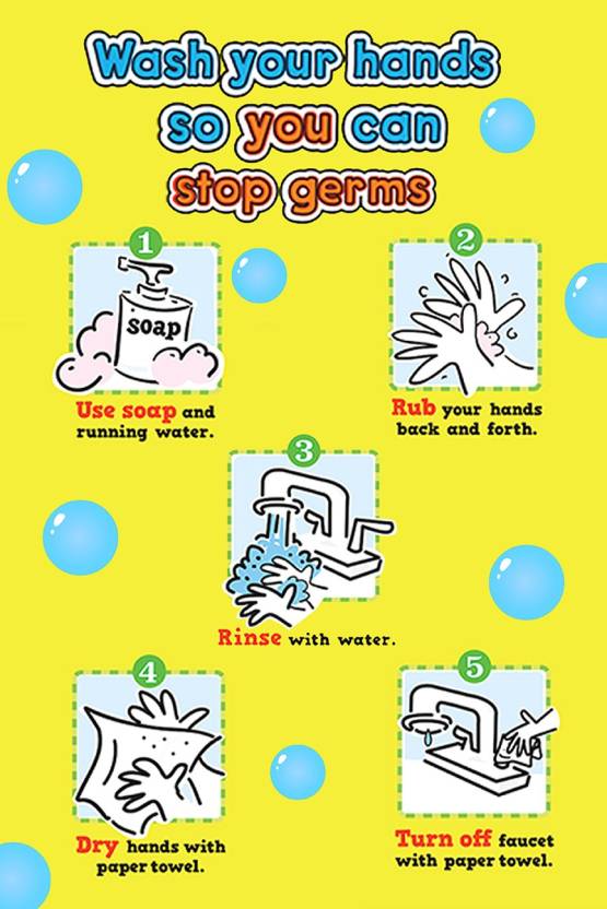 Wash Hands and Stop Germs Instruction Chart Poster For Kids(Multicolour ...