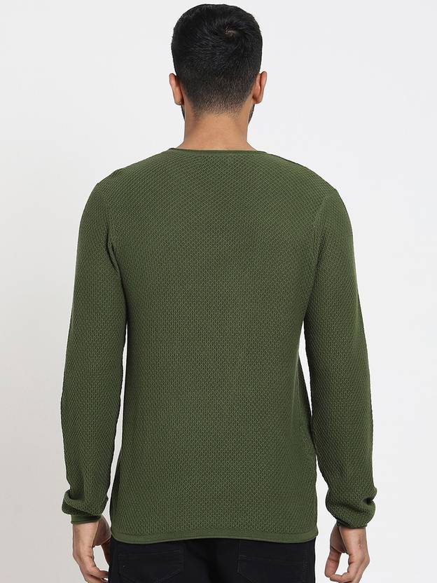 Men Solid Round Neck Green Sweater