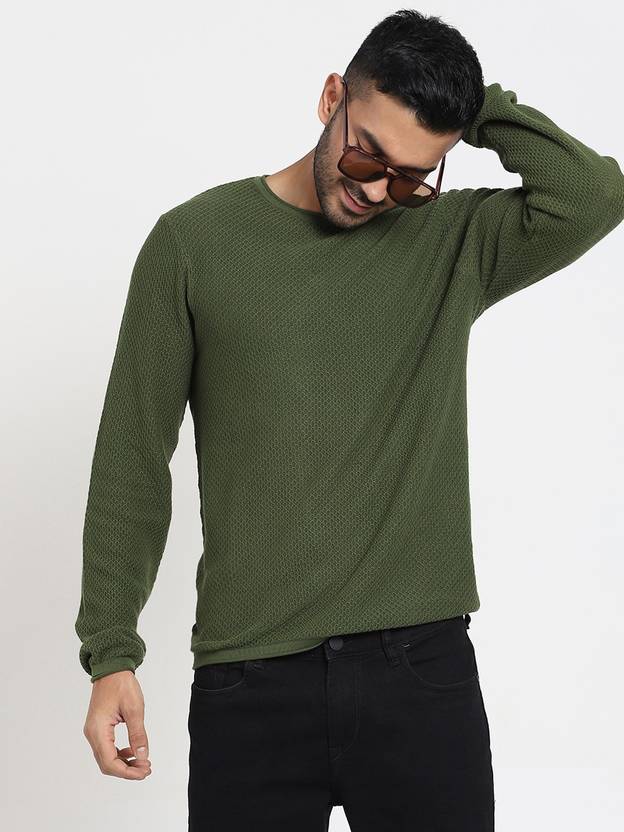 Men Solid Round Neck Green Sweater